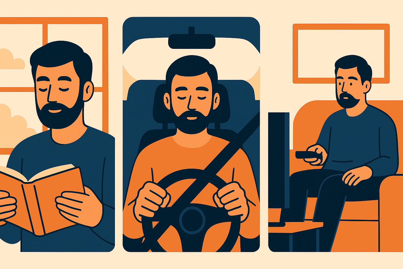 Mężczyzna „na autopilocie” otoczony ikonami książki, kierownicy i ekranu – ilustracja codziennego transu hipnotycznego.