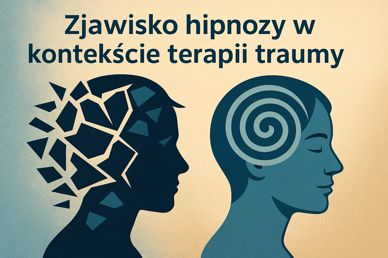 Z lewej sylwetka z pękającymi fragmentami symbolizuje traumę, z prawej spokojna głowa z hipnotyczną spiralą – metafora uzdrawiania traum przez hipnozę.