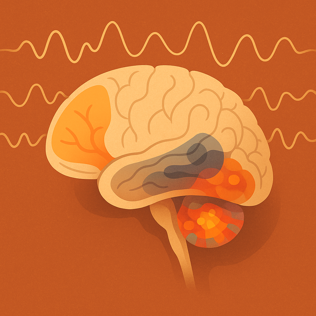 Stylizowany przekrój mózgu z podświetloną korą przedczołową, układem limbicznym i falami mózgowymi – ilustracja neurobiologii hipnozy.