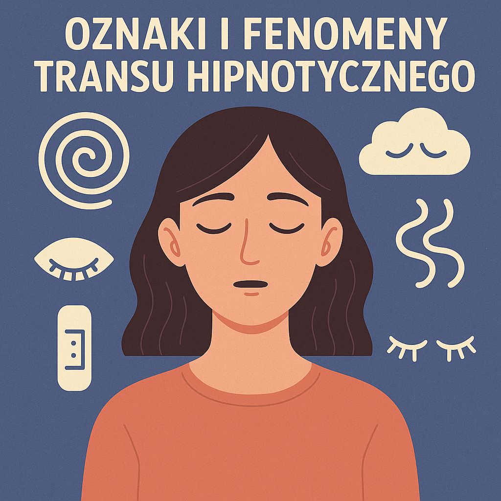 Osoba w lekkim transie, otoczona ikonami mrowienia, oddechu i znieczulenia – ilustracja oznak transu hipnotycznego.