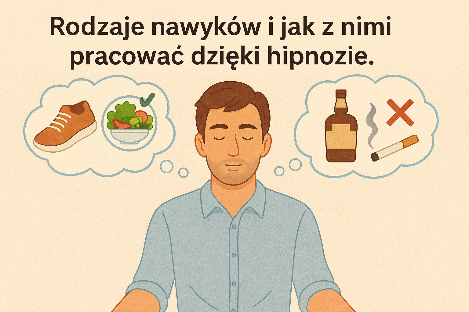 Mężczyzna wizualizujący zdrowe i niezdrowe nawyki – ilustracja pracy z nawykami dzięki hipnozie.