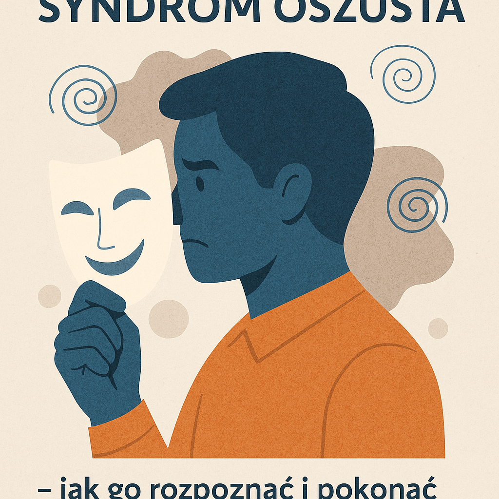 Mężczyzna trzymający maskę – wizualizacja syndromu oszusta (imposter syndrome).