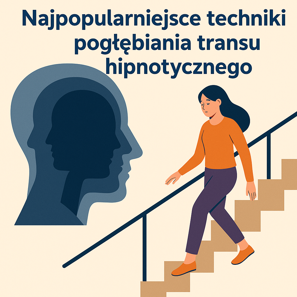 Kobieta schodząca w głąb głów-symboli – wizualizacja pogłębiania transu hipnotycznego.