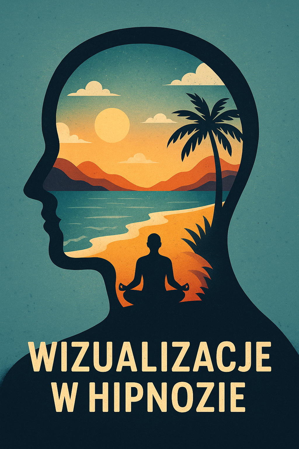 Sil­hu­et­ka głowy z plażą, zachodem słońca i medytującą postacią w środku – metafora wizualizacji w hipnozie.