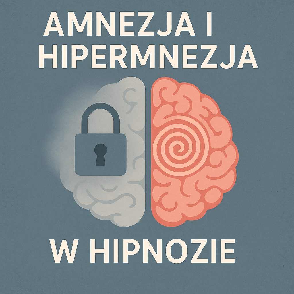 Lewa, zamglona półkula mózgu z kłódką symbolizuje amnezję; prawa, wyraźna półkula ze spiralą reprezentuje hipermnezję w hipnozie.