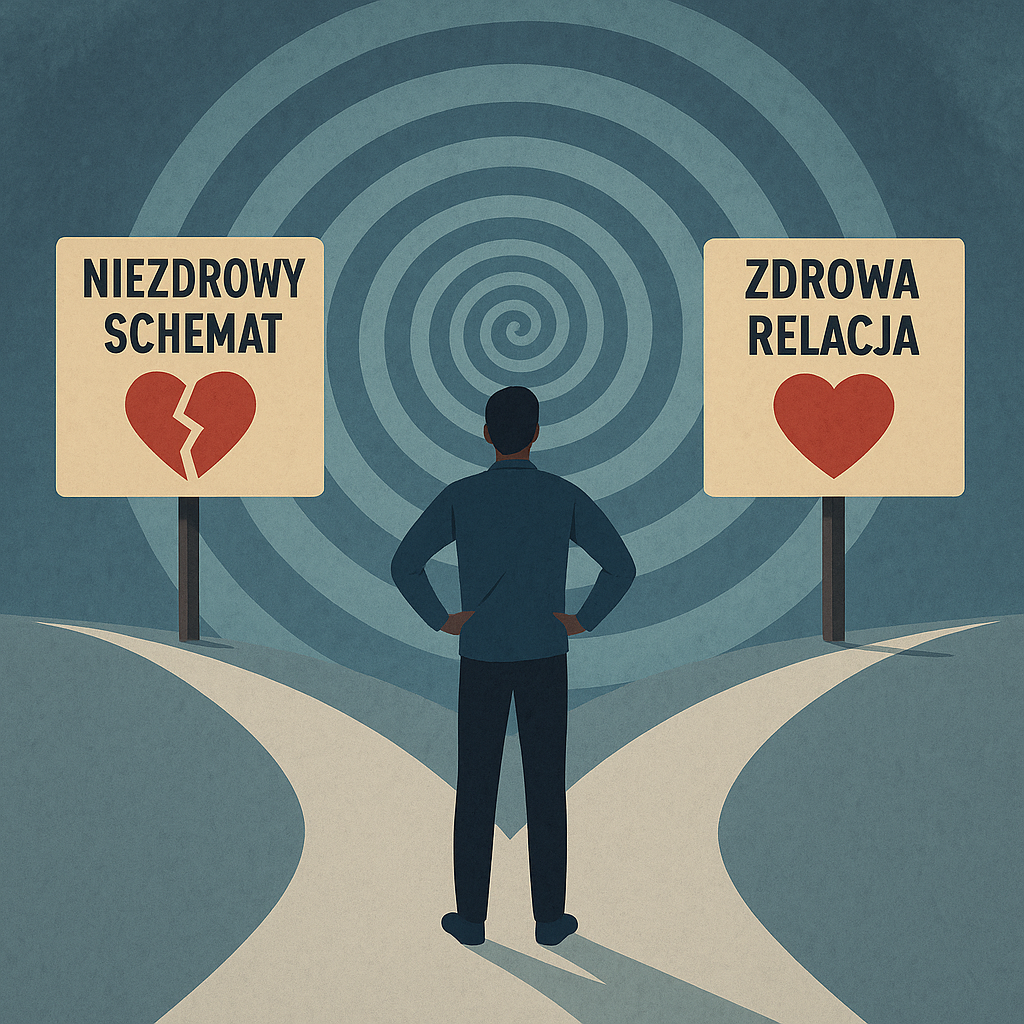 Osoba stoi na rozdrożu między „NIEZDROWYM SCHEMATEM” z pękniętym sercem a „ZDROWĄ RELACJĄ” z pełnym sercem, na tle hipnotycznej spirali.