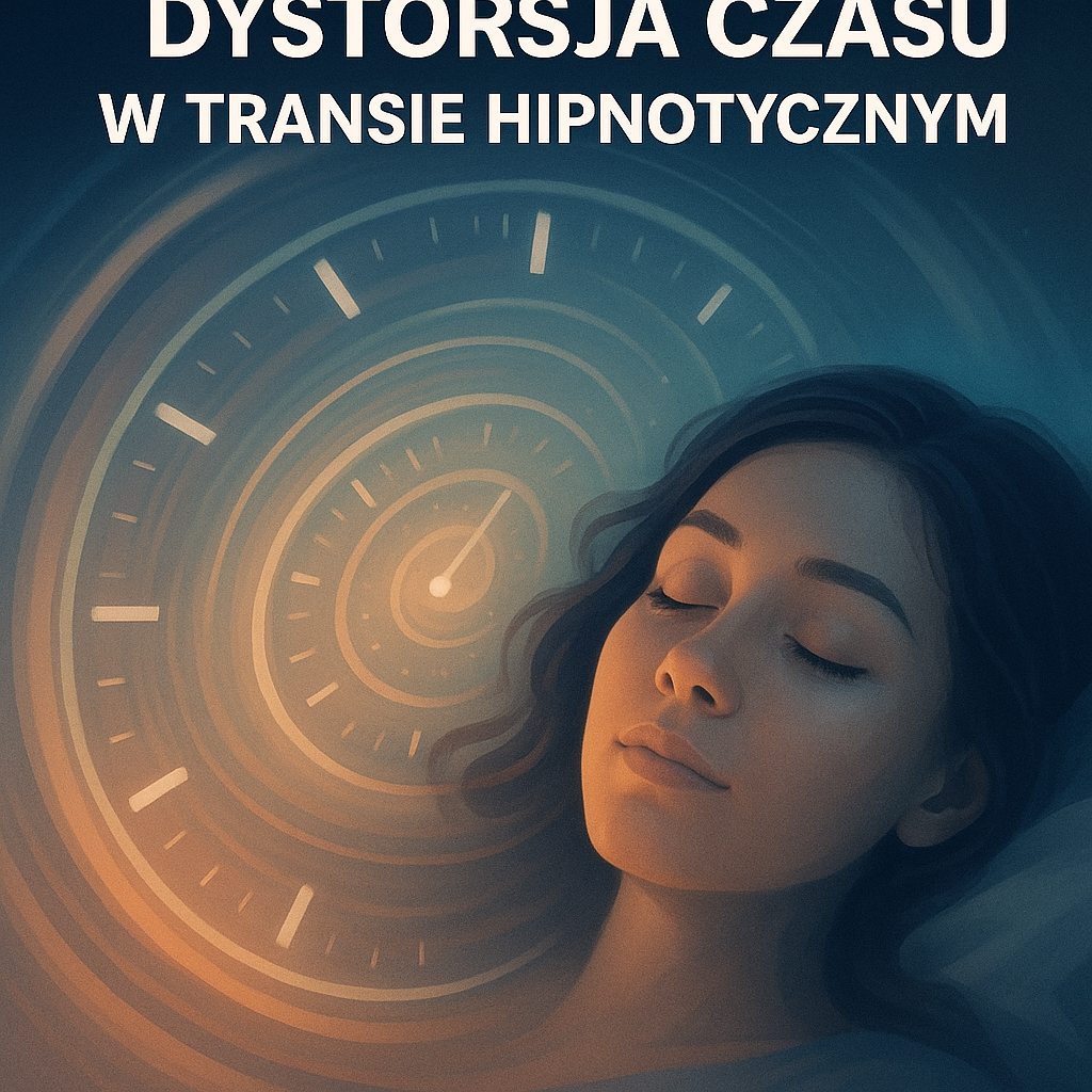 Osoba w spokojnym transie otoczona płynącymi i zakrzywionymi zegarami symbolizującymi zmianę postrzegania czasu podczas hipnozy.