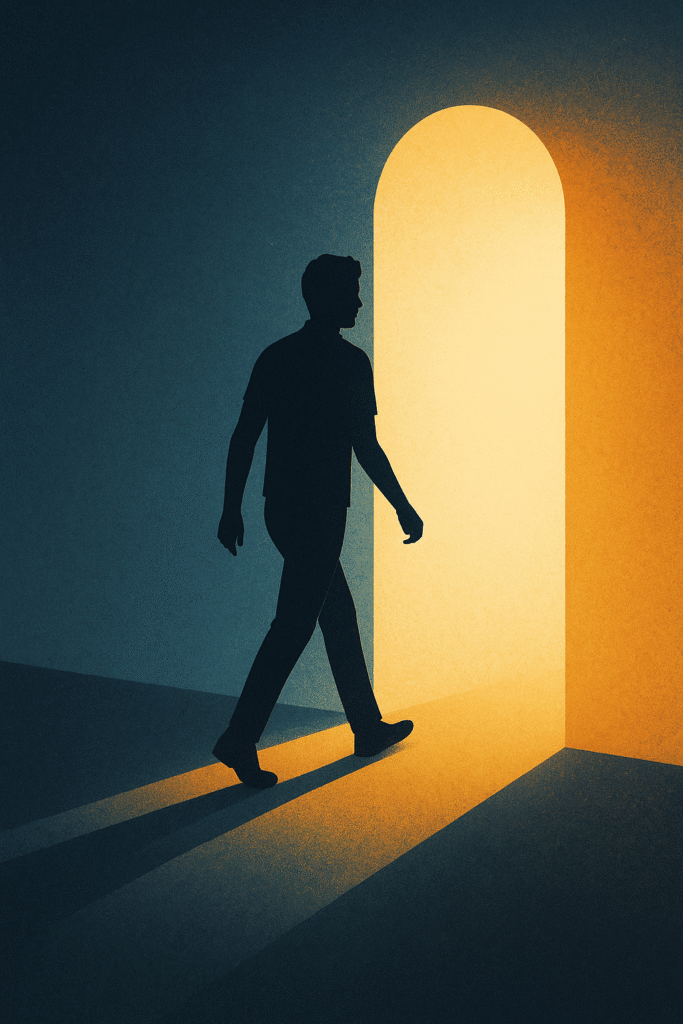 Osoba stojąca na granicy znanego i nieznanego świata, z jedną nogą wychodzącą ze strefy komfortu w kierunku światła – ilustracja odwagi i zmiany.