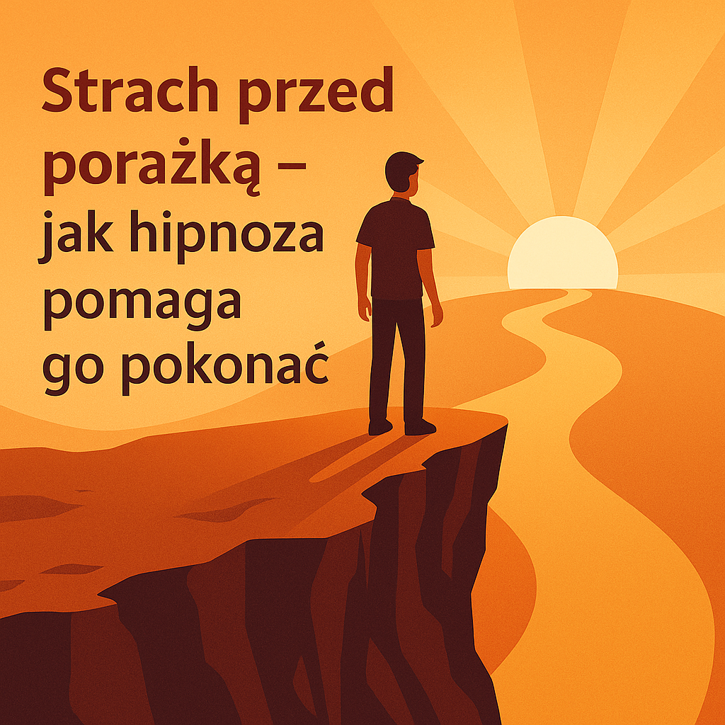 Osoba stojąca na krawędzi skały, przed nią droga w świetle symbolizującym odwagę i nowe możliwości – ilustracja pokonywania strachu przed porażką.
