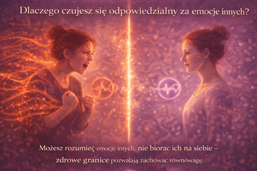 Dwie osoby naprzeciw siebie, między nimi delikatna świetlista granica – jedna emituje fale emocji, druga pozostaje spokojna, symbolizując empatię bez przejmowania emocji.