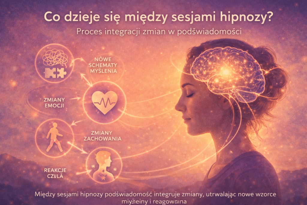 Profil osoby z zamkniętymi oczami i rozświetlonym mózgiem, połączonym z symbolami emocji, myślenia, zachowania i ciała – ilustracja procesu integracji zmian w podświadomości między sesjami hipnozy.