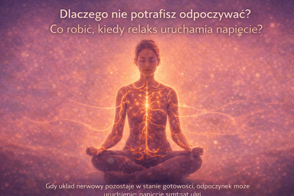 Osoba medytująca w spokojnej pozycji, z widocznym rozświetlonym układem nerwowym symbolizującym napięcie mimo próby odpoczynku.