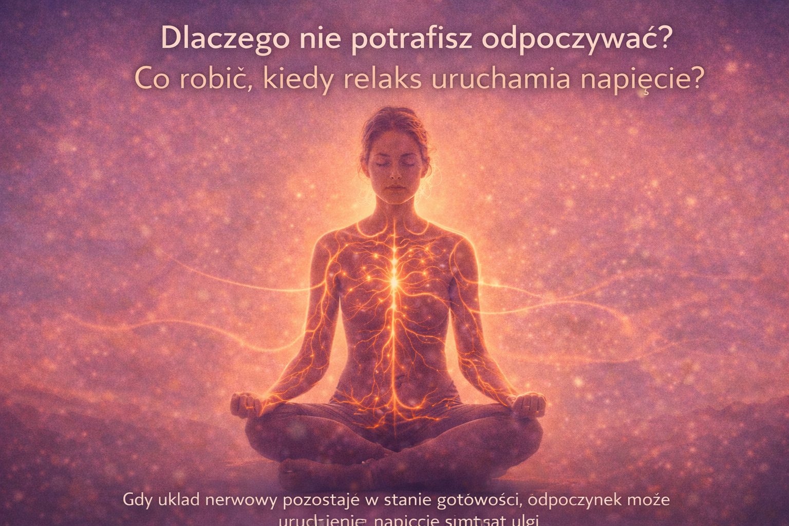 Osoba medytująca w spokojnej pozycji, z widocznym rozświetlonym układem nerwowym symbolizującym napięcie mimo próby odpoczynku.