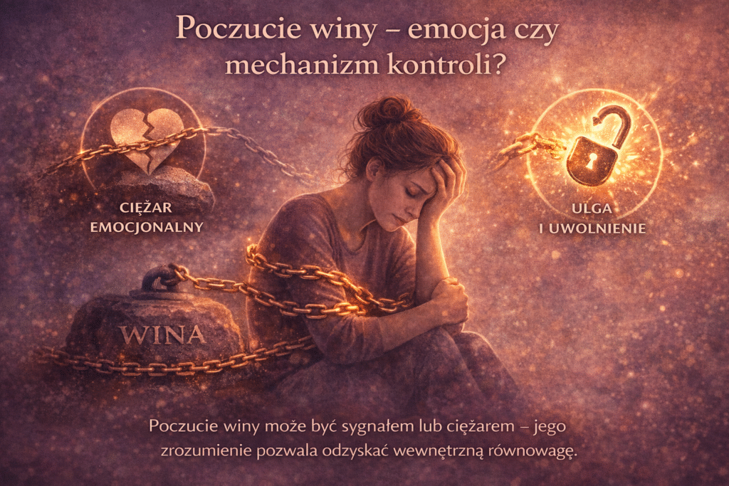 Osoba siedząca w zamyśleniu, otoczona symbolami ciężaru emocjonalnego i rozświetlającym się światłem uwolnienia – ilustracja poczucia winy jako obciążenia i procesu jego uwalniania.