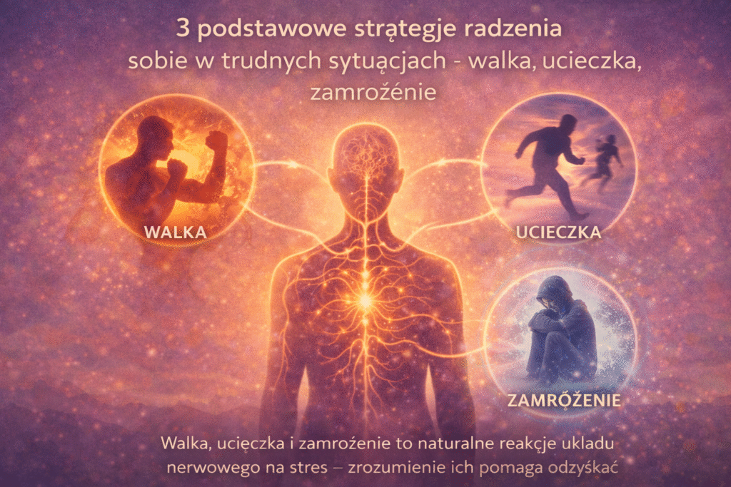 Sylwetka człowieka otoczona trzema symbolami reakcji stresowych – walki, ucieczki i zamrożenia – połączonymi z układem nerwowym świetlistymi liniami.