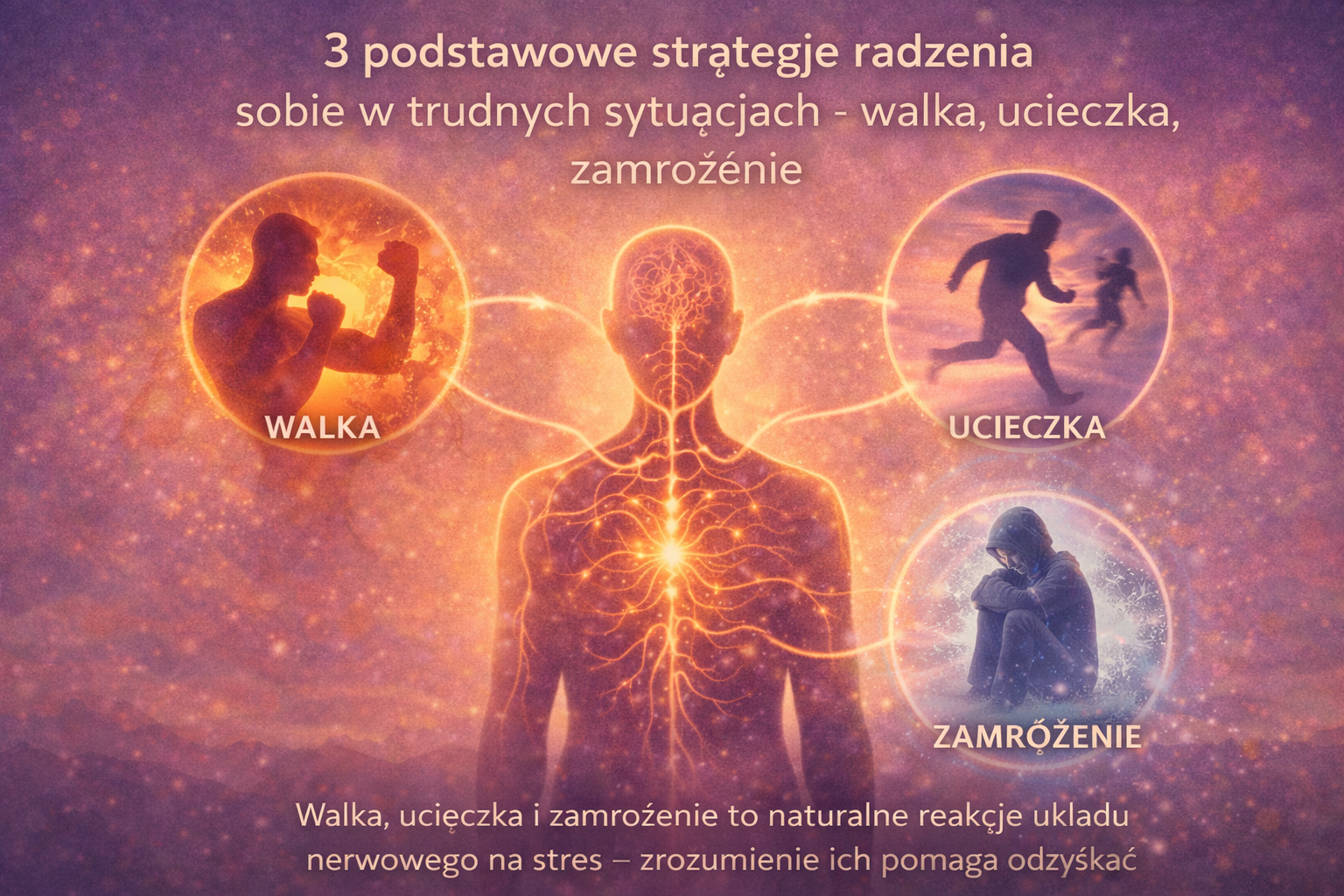 Sylwetka człowieka otoczona trzema symbolami reakcji stresowych – walki, ucieczki i zamrożenia – połączonymi z układem nerwowym świetlistymi liniami.