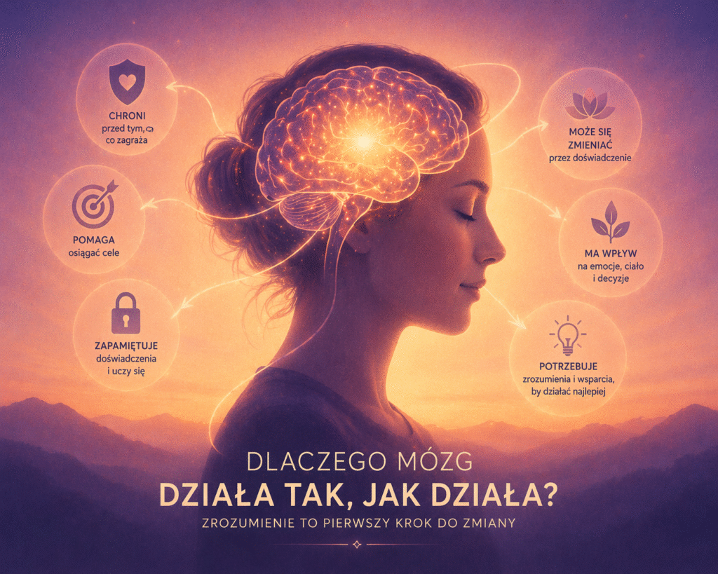 Profil osoby z widocznym, rozświetlonym mózgiem oraz połączonymi symbolami emocji, pamięci i decyzji – ilustracja wpływu sugestii na funkcjonowanie umysłu.