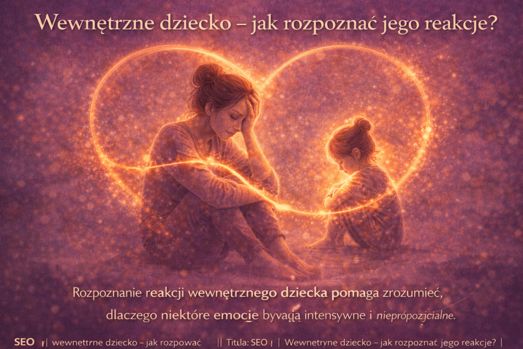 Dorosła osoba siedząca w zamyśleniu obok małego dziecka, połączonych świetlistą linią w kształcie serca – symbol emocjonalnej więzi i wpływu doświadczeń z dzieciństwa na obecne reakcje