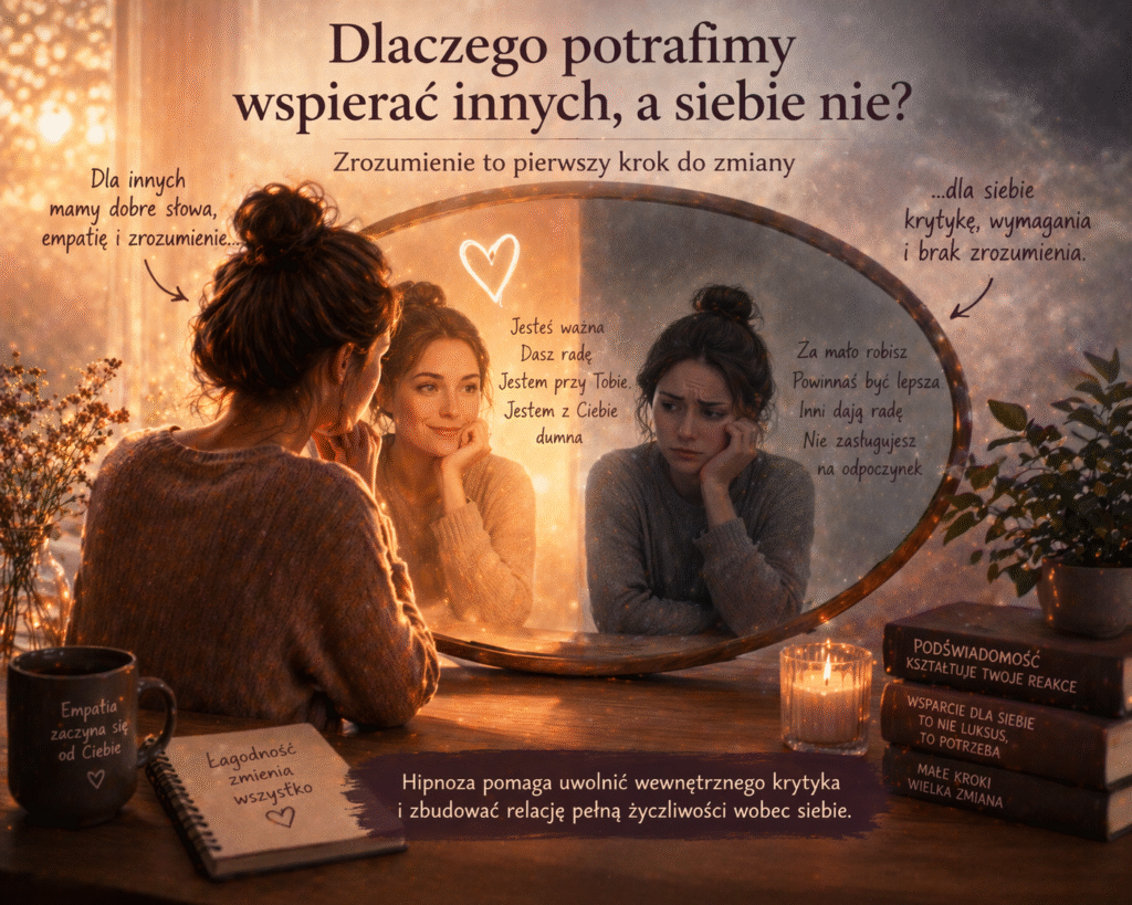Osoba patrząca na swoje odbicie, gdzie jedna wersja okazuje wsparcie drugiej – symbol różnicy między empatią wobec innych a relacją z samym sobą
