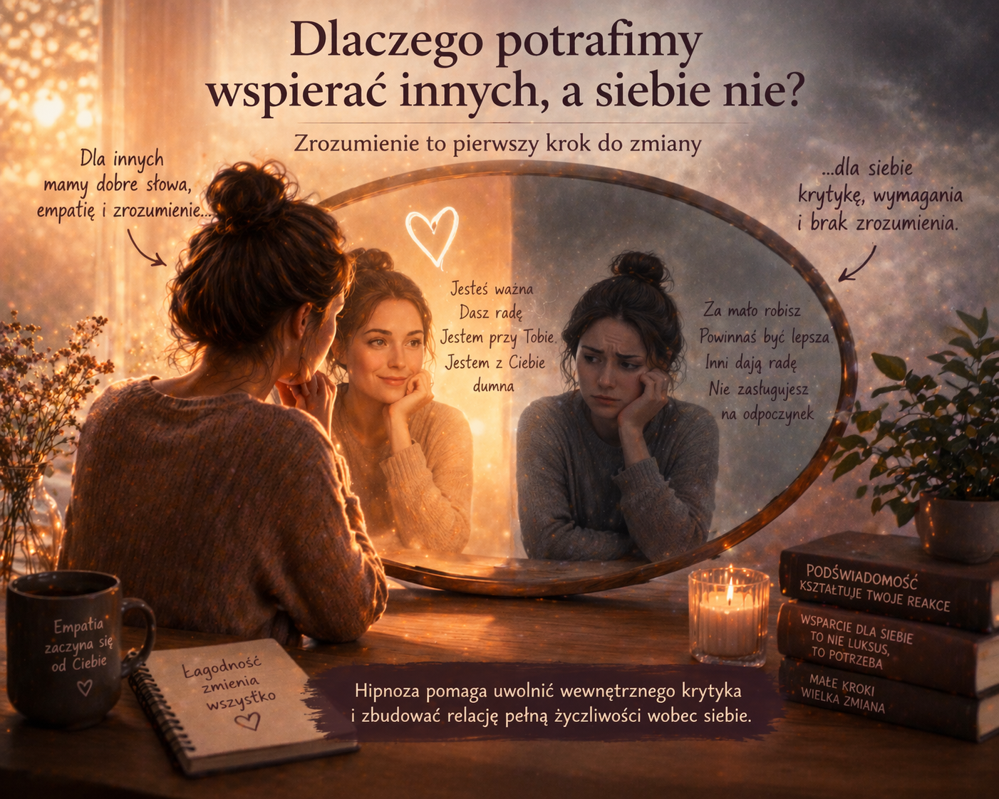 Osoba patrząca na swoje odbicie, gdzie jedna wersja okazuje wsparcie drugiej – symbol różnicy między empatią wobec innych a relacją z samym sobą
