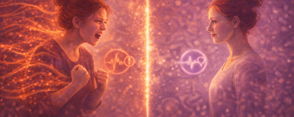 Dwie osoby naprzeciw siebie, między nimi delikatna świetlista granica – jedna emituje fale emocji, druga pozostaje spokojna, symbolizując empatię bez przejmowania emocji.