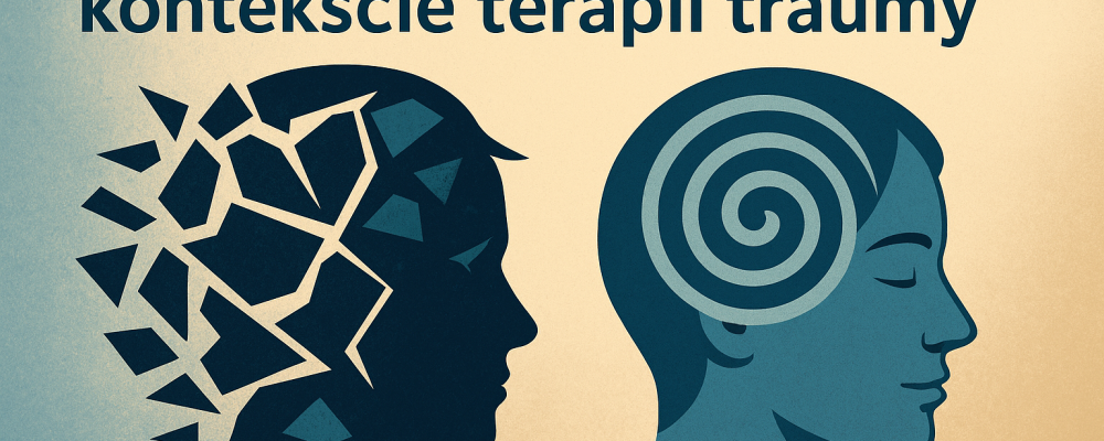 Z lewej sylwetka z pękającymi fragmentami symbolizuje traumę, z prawej spokojna głowa z hipnotyczną spiralą – metafora uzdrawiania traum przez hipnozę.