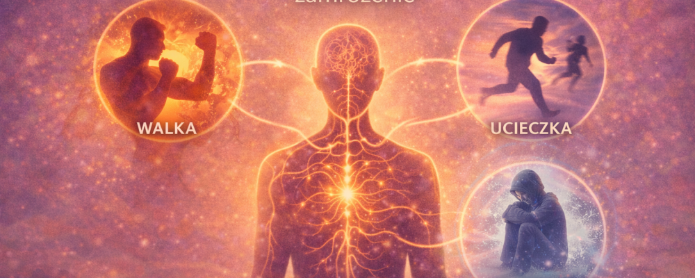 Sylwetka człowieka otoczona trzema symbolami reakcji stresowych – walki, ucieczki i zamrożenia – połączonymi z układem nerwowym świetlistymi liniami.