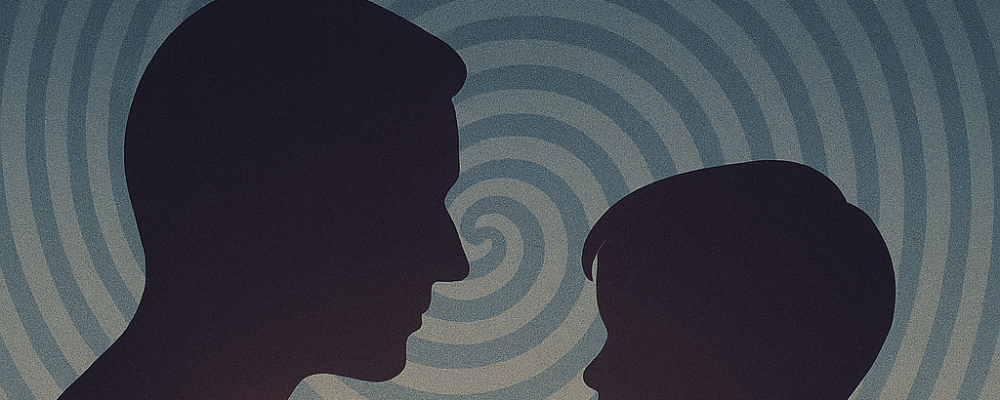 Rodzic i dziecko połączeni subtelną linią światła symbolizującą więź emocjonalną – ilustracja wpływu relacji z rodzicami na dorosłe życie