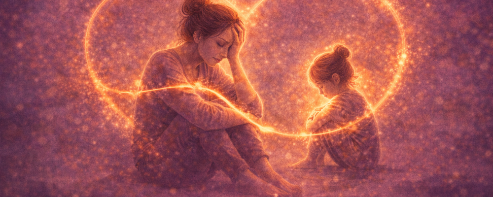 Dorosła osoba siedząca w zamyśleniu obok małego dziecka, połączonych świetlistą linią w kształcie serca – symbol emocjonalnej więzi i wpływu doświadczeń z dzieciństwa na obecne reakcje